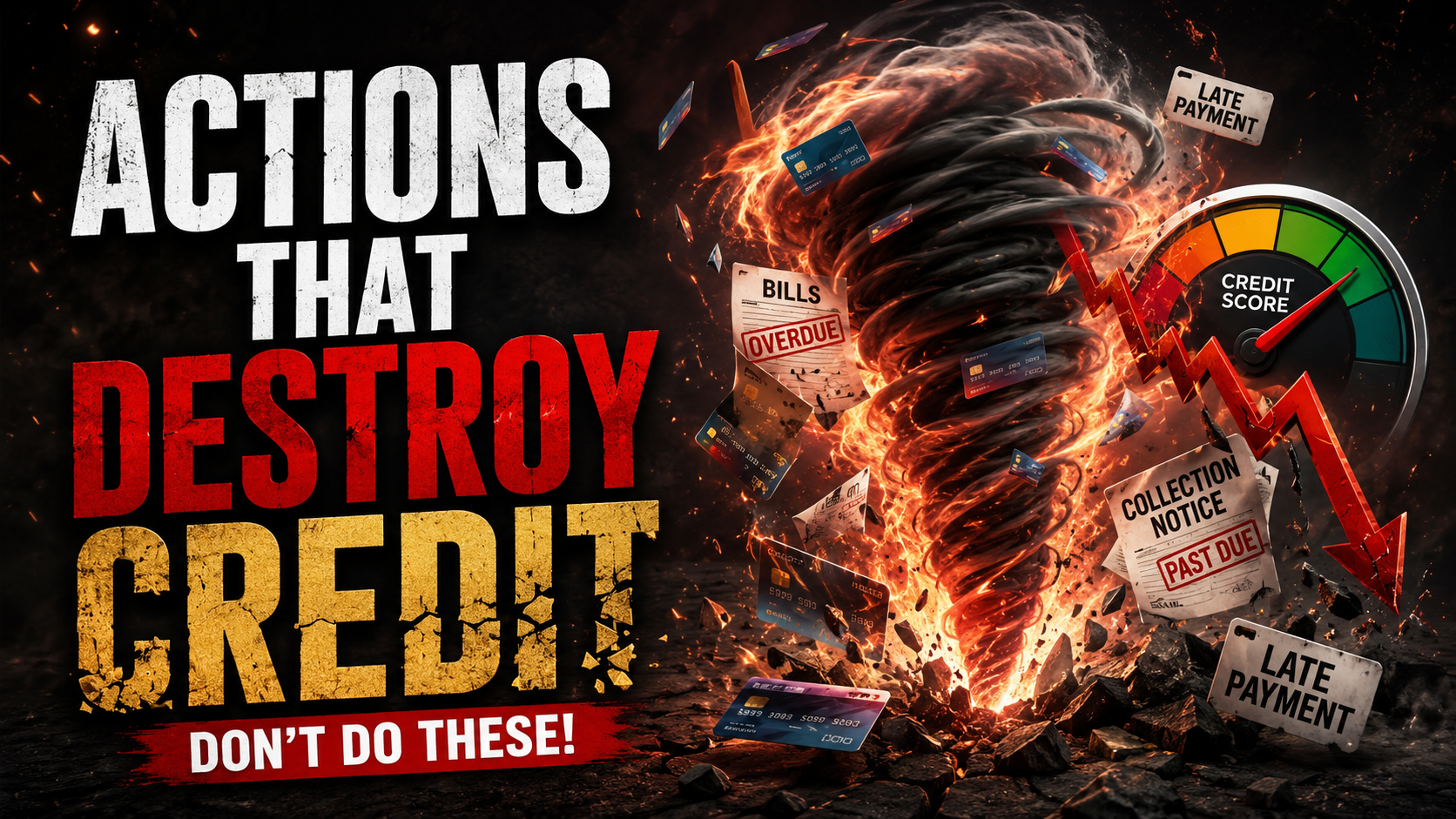 Graphic with a fiery tornado and a dropping credit score meter explaining actions that destroy credit score.