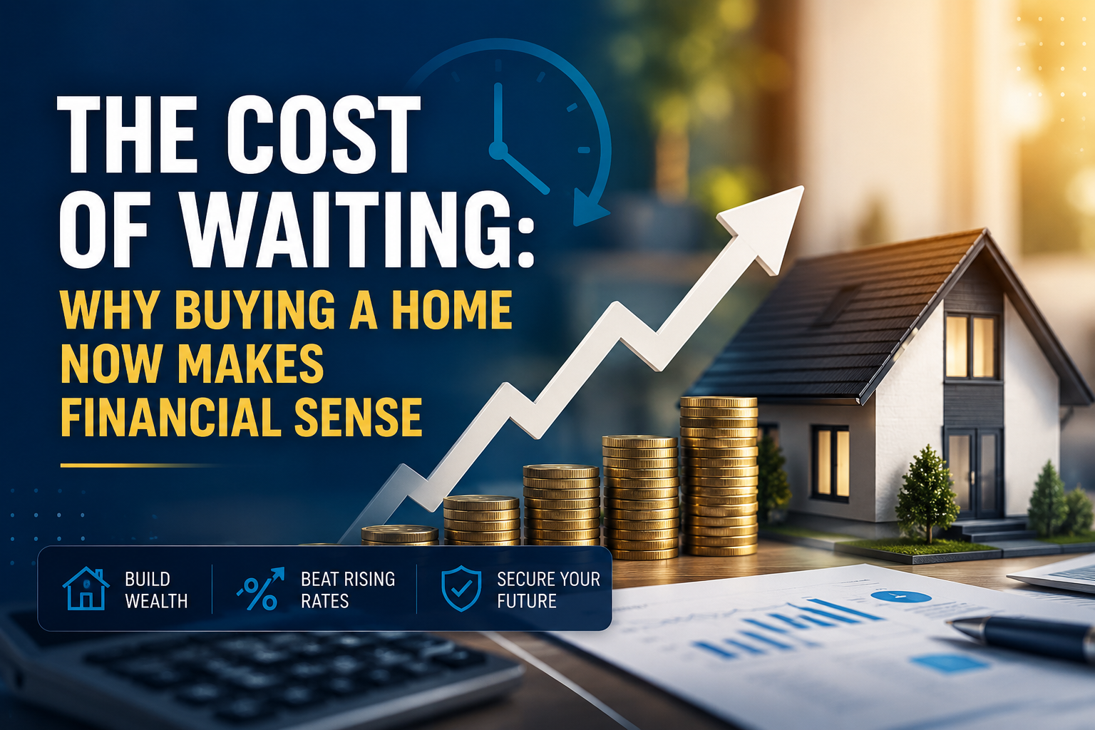 An upward financial growth chart with gold coins next to a modern house model illustrating the cost of waiting to buy a home.