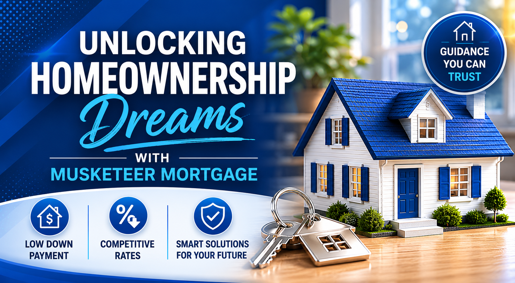 A miniature model home on a desk next to house keys with a dark blue graphic banner for unlocking homeownership dreams.