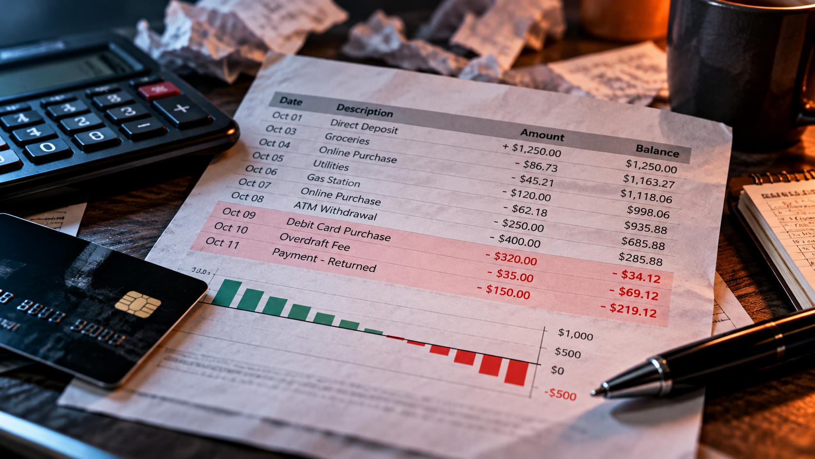 Bank statement showing negative balances and overdraft fees with a calculator and debit card on a desk.