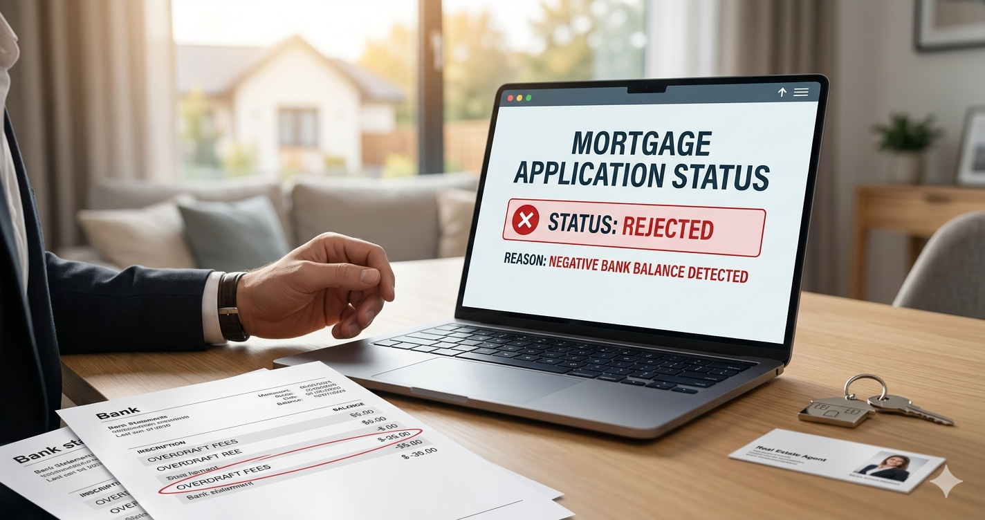 Laptop showing a rejected mortgage application status next to a bank statement with overdraft fees.