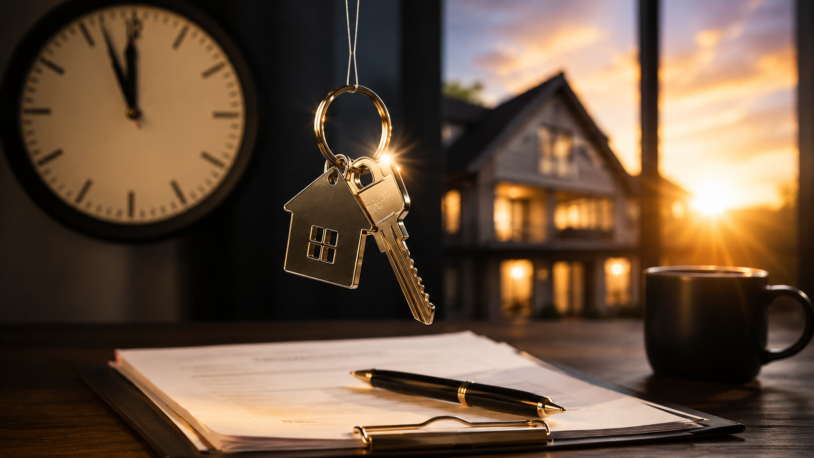 House keys suspended above closing documents illustrating the 3-7-3 Rule mortgage waiting period before closing