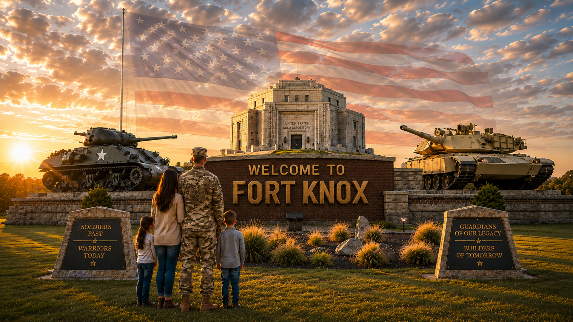 A proud US Army military veteran family standing in front of the historic Welcome to Fort Knox entrance sign, featuring an M4 Sherman tank, an M1 Abrams tank, and the United States Gold Depository under a patriotic American flag sunset sky in Kentucky.