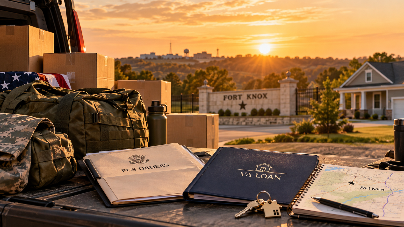 PCS orders, VA loan documents, moving gear, and a Fort Knox map arranged beside a home at sunset.