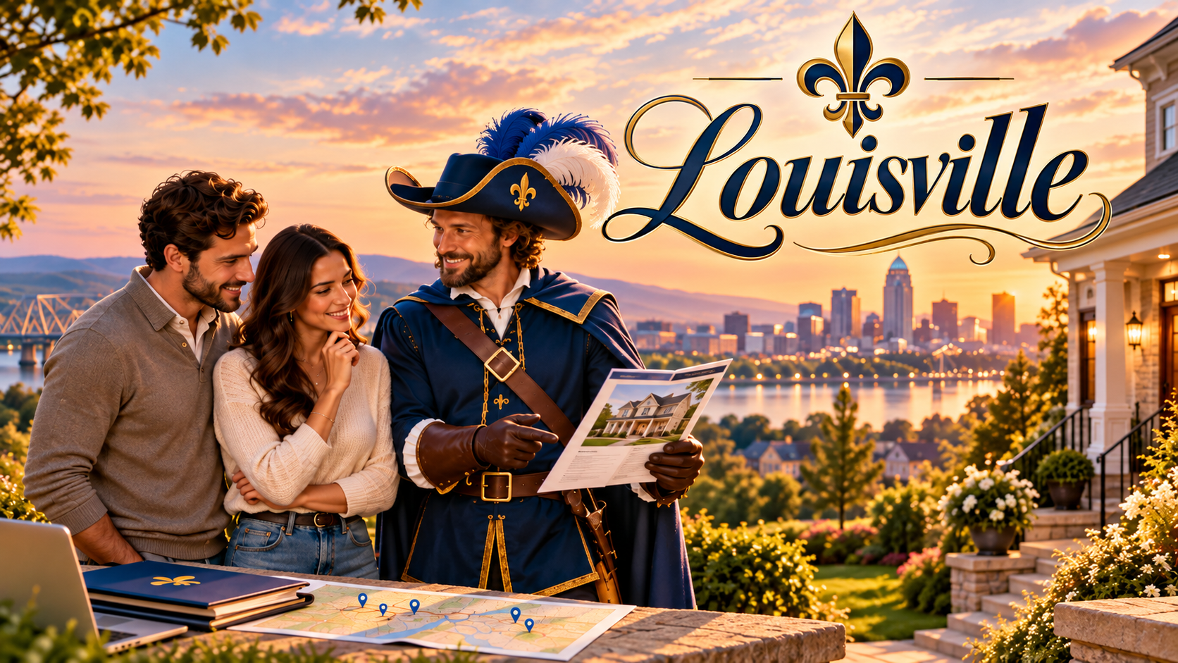 Couple reviewing Louisville real estate options with a musketeer guide, Louisville skyline, and fleur-de-lis at sunset.