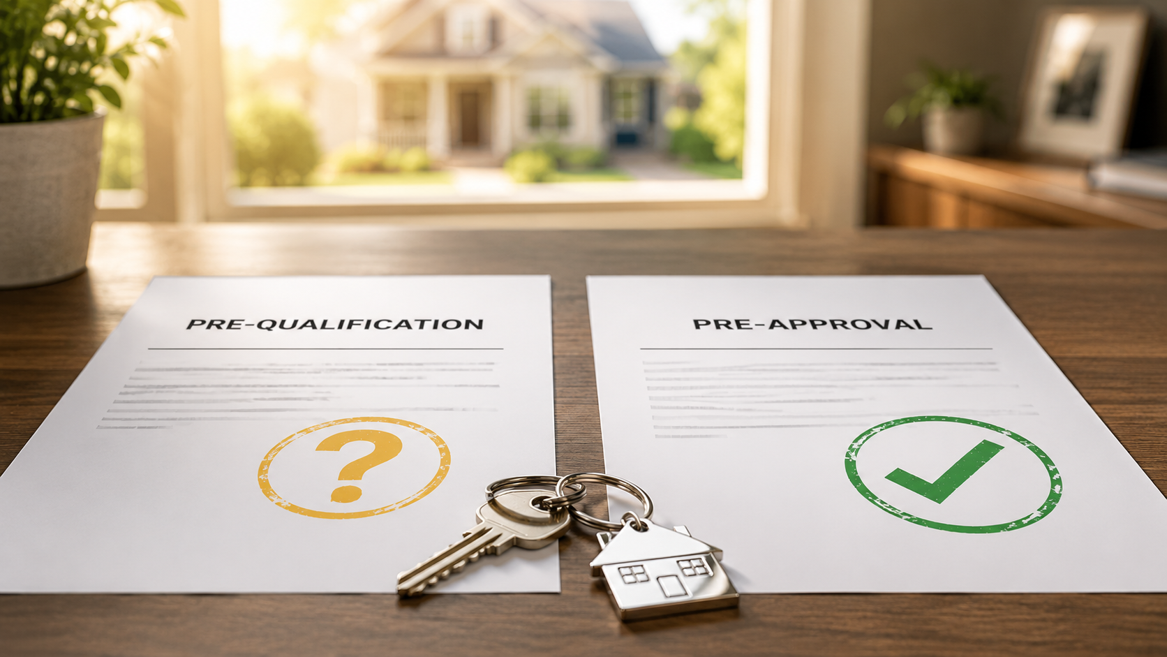 Side-by-side comparison documents of a mortgage pre-qualification and a verified pre-approval letter on a desk next to house keys.