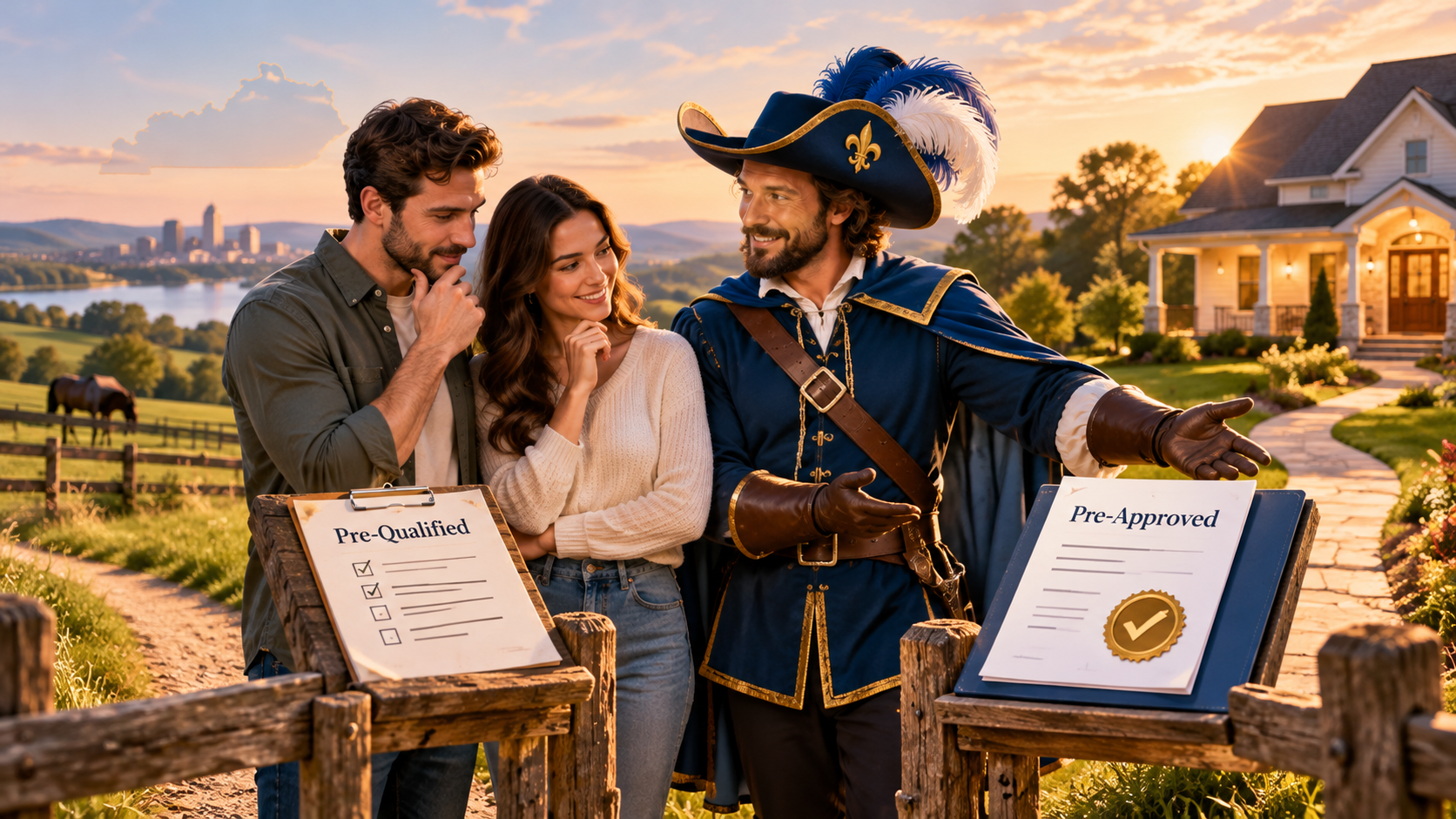 Couple comparing pre-qualified and pre-approved mortgage options with a musketeer guide in a Kentucky homebuying setting.