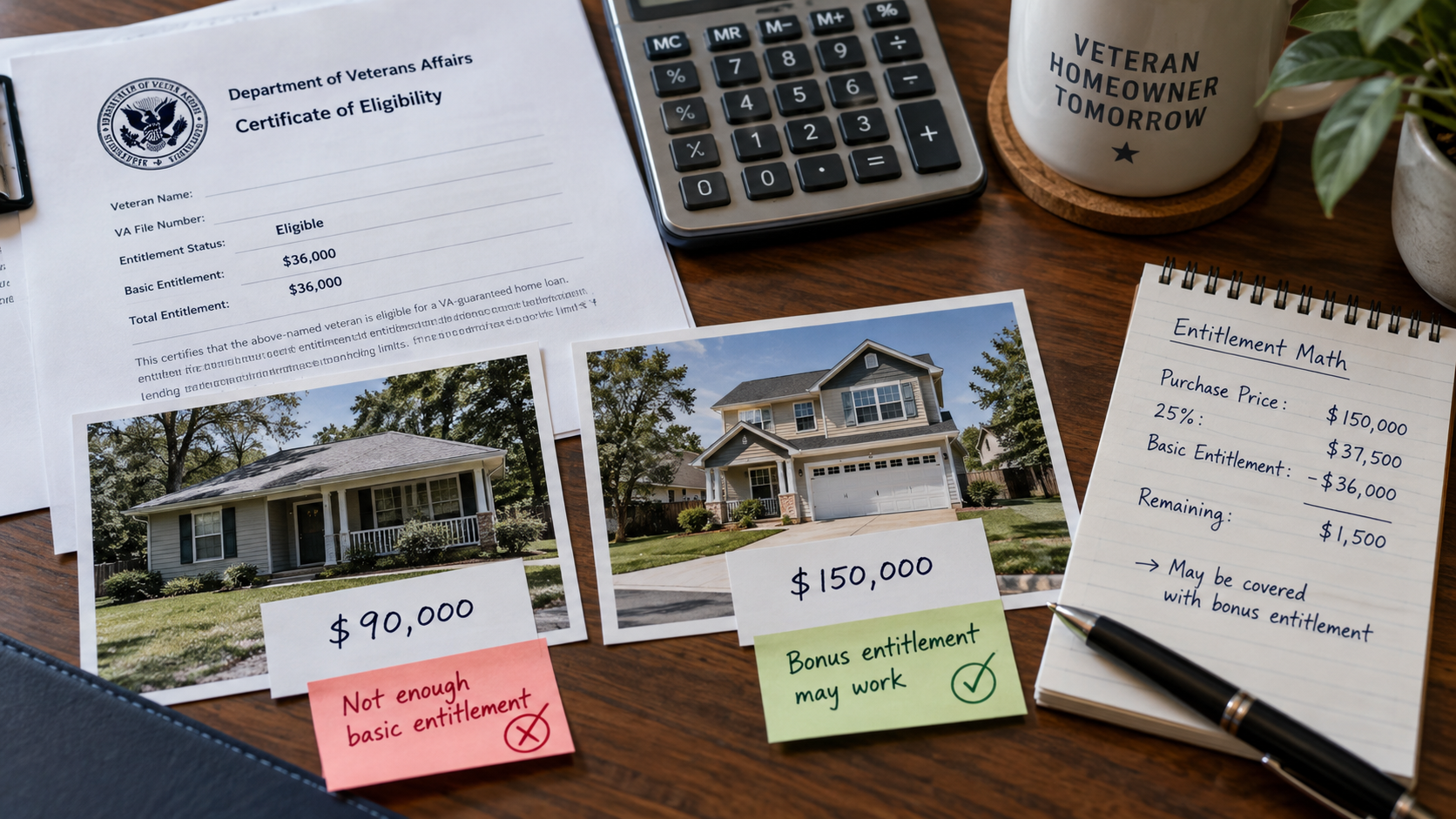 VA loan entitlement worksheet showing a Certificate of Eligibility, home price comparisons, and notes explaining why a $90,000 home may not qualify while a $150,000 home may.