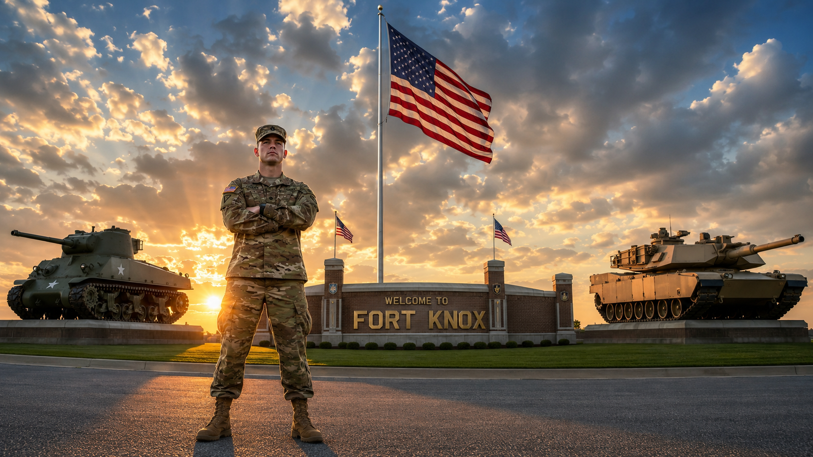 Fort Knox entrance sign at sunset welcoming military families PCSing to Fort Knox Kentucky