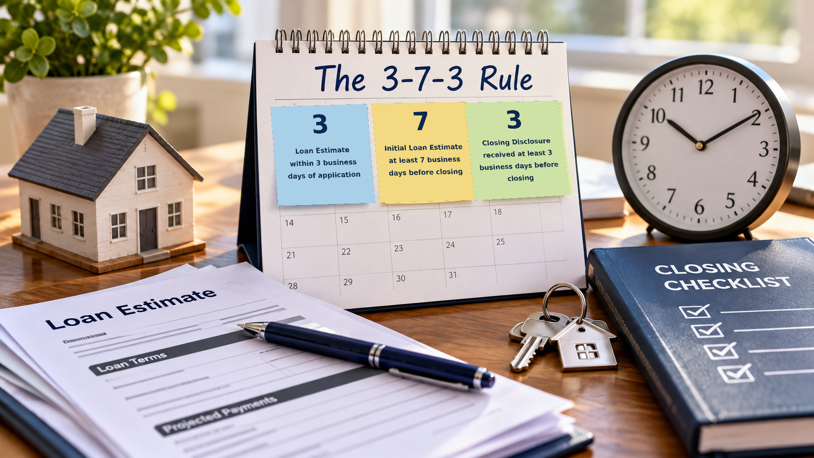 Mortgage closing calendar illustrating the 3-7-3 Rule beside loan documents, a model house, and a clock.