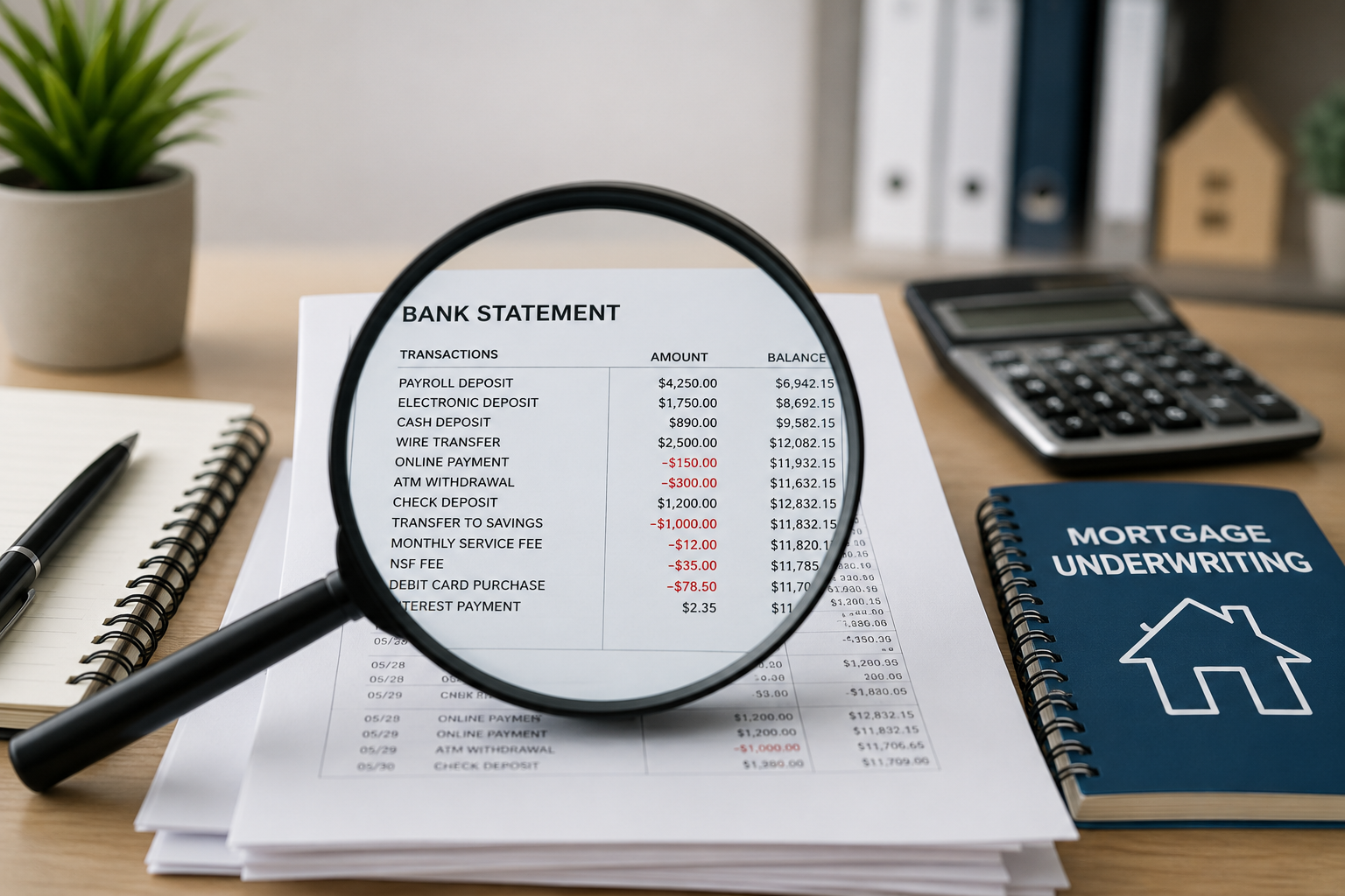 Mortgage underwriter reviewing bank statements to identify deposits, income, assets, and financial red flags during the mortgage approval process.