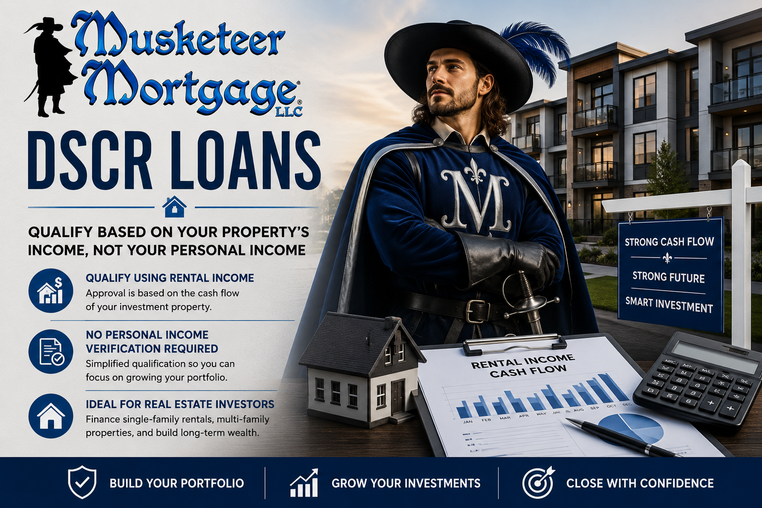 DSCR Loans hero image featuring Musketeer Mortgage branding and a real estate investor reviewing rental property cash flow for investment property financing.