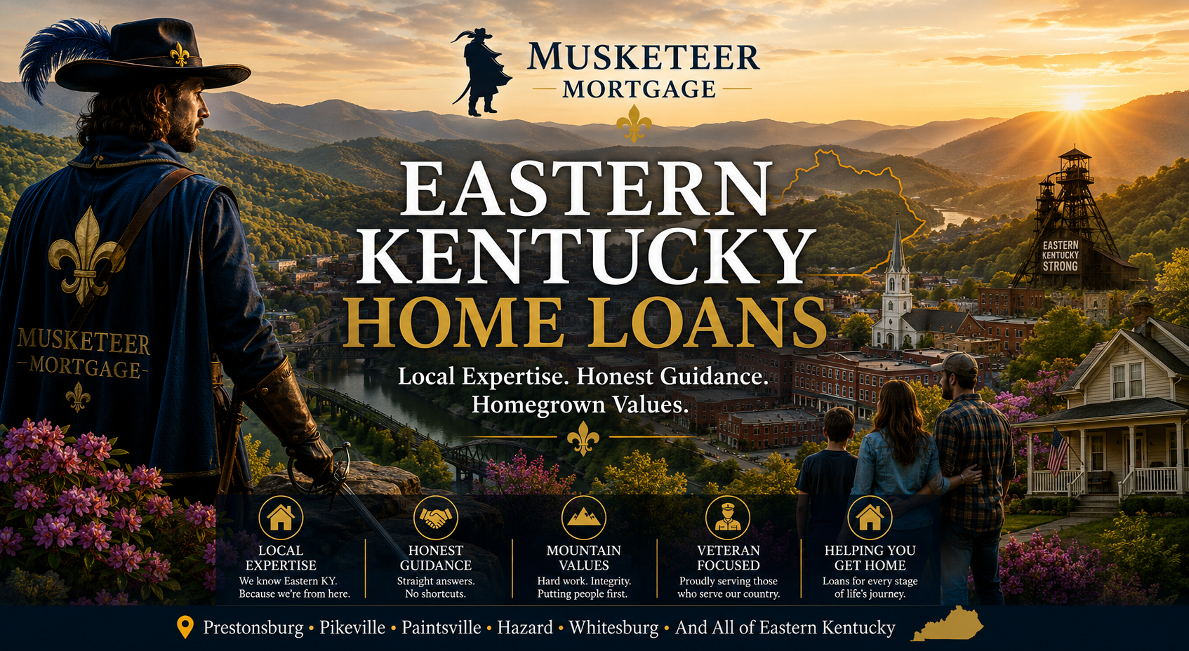 Eastern Kentucky home loans featuring Appalachian mountain views, small-town communities, family homeownership, and local mortgage expertise from Musketeer Mortgage.