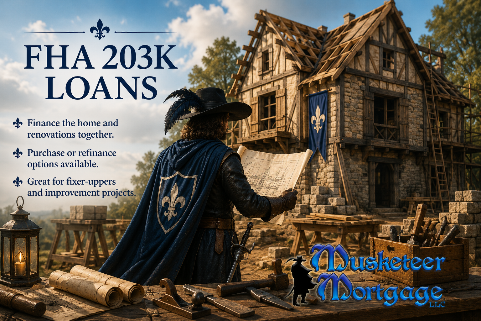 FHA 203K home renovation loan featuring a musketeer overseeing the construction of a historic home, representing financing for home purchases and renovation projects in Kentucky.