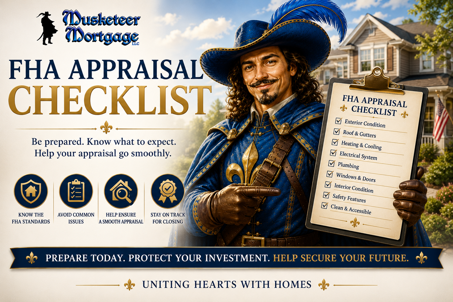 FHA appraisal checklist hero image featuring a blue-and-gold musketeer holding an FHA appraisal inspection checklist in front of a home, illustrating common FHA property requirements and appraisal preparation.