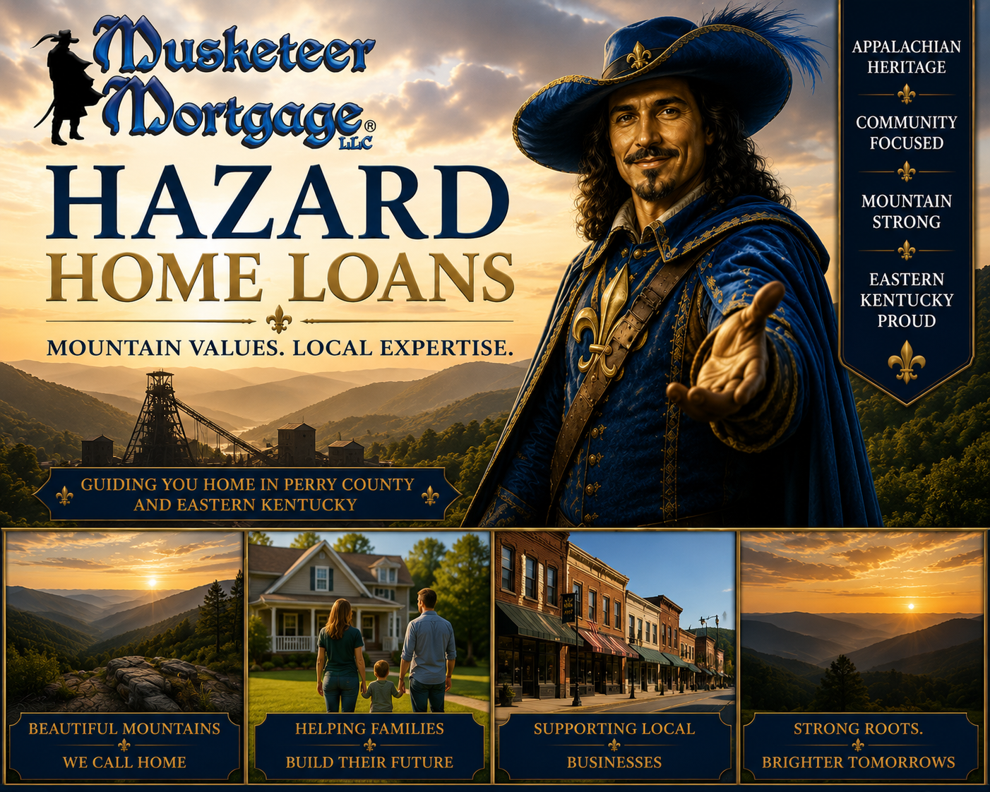 Hazard Home Loans hero image featuring Appalachian mountains, coal heritage imagery, and Musketeer Mortgage serving homebuyers throughout Hazard and Eastern Kentucky.