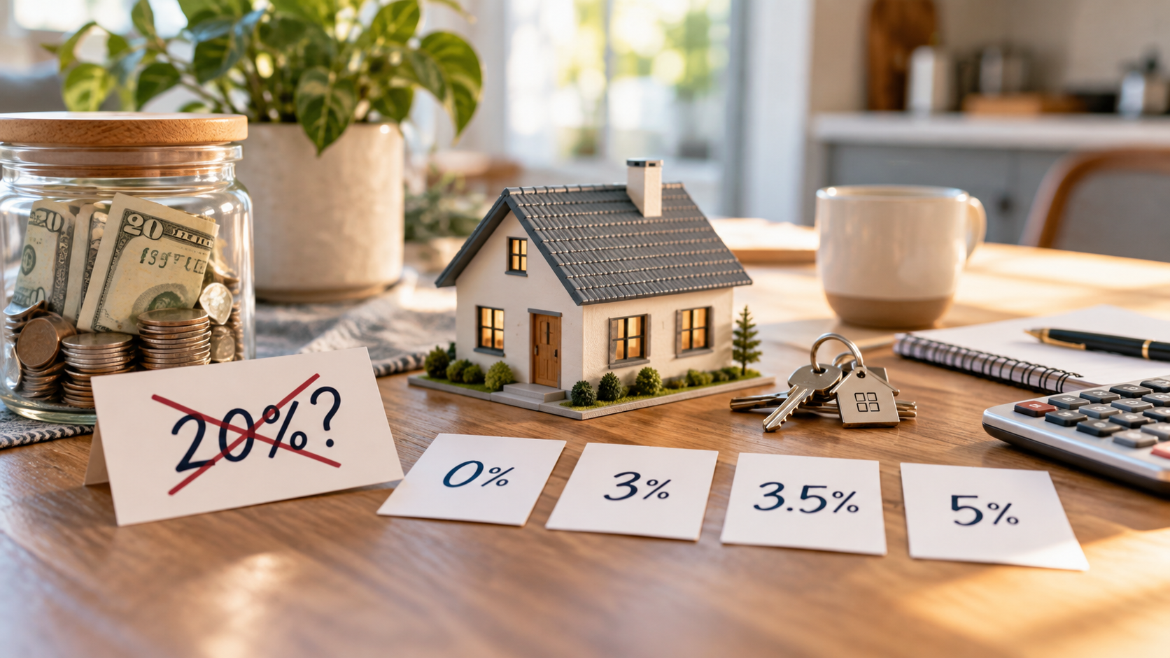 Homebuying desk scene with a crossed-out 20% down payment sign, a model house, keys, and cards showing 0%, 3%, 3.5%, and 5% down payment options.