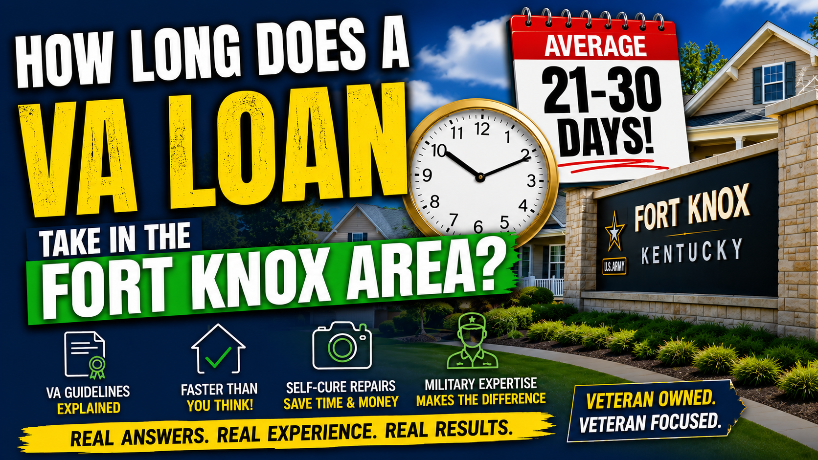 How long does a VA loan take in the Fort Knox area? Most VA home loans close in 21 to 30 days when properly prepared.