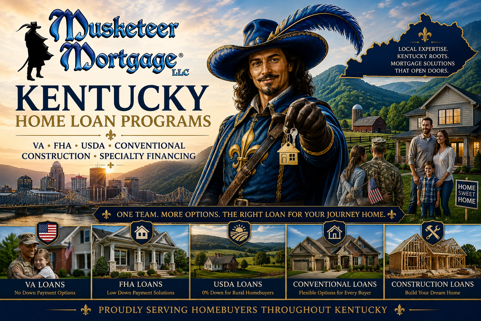 Kentucky Home Loan Programs featuring VA, FHA, USDA, Conventional, and Construction loan options from Musketeer Mortgage serving homebuyers throughout Kentucky.