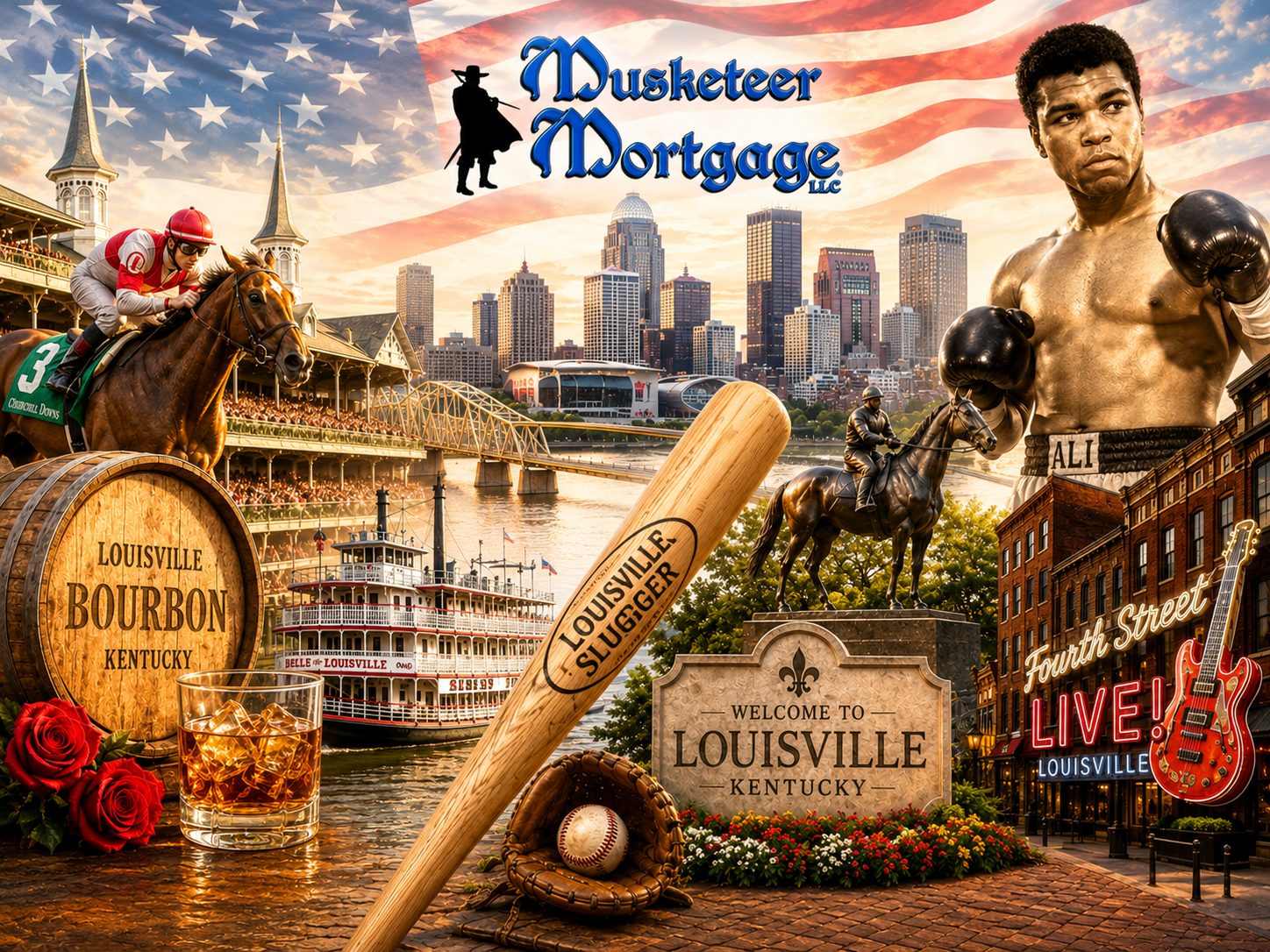 Louisville Mortgage Broker collage featuring Louisville landmarks including the Louisville Slugger bat, Belle of Louisville, Kentucky bourbon, Churchill Downs horse racing, and downtown Louisville, representing local home financing expertise in Louisville, Kentucky.