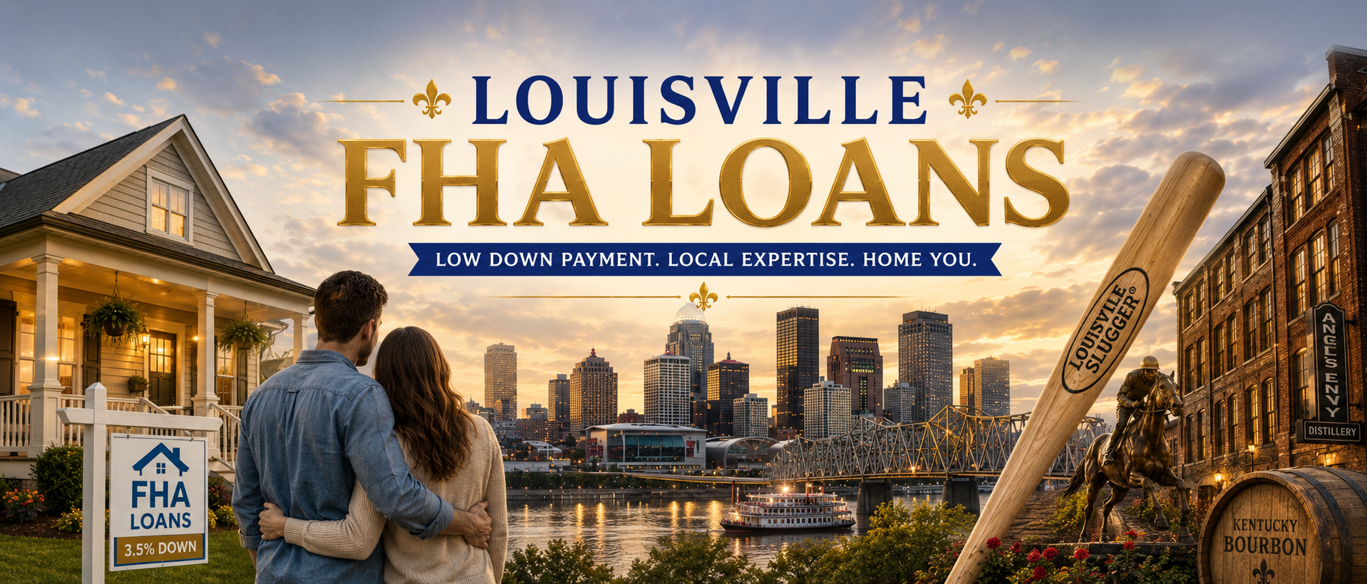 Louisville FHA Loans featuring a Louisville homebuyer couple, Louisville skyline, FHA home financing sign, Louisville Slugger bat, Kentucky bourbon barrel, and local Louisville landmarks representing affordable homeownership opportunities in Louisville, Kentucky.