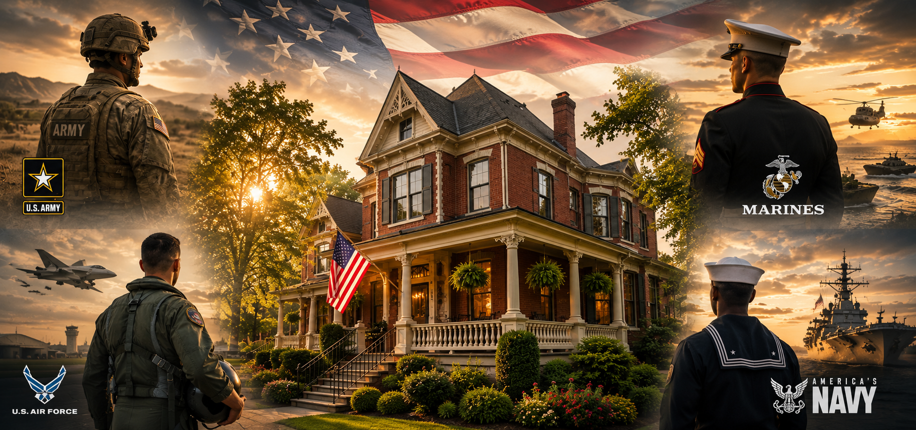 Louisville VA Loans featuring a historic Louisville Victorian home with American flag and representations of all four military branches honoring veterans and active-duty service members.