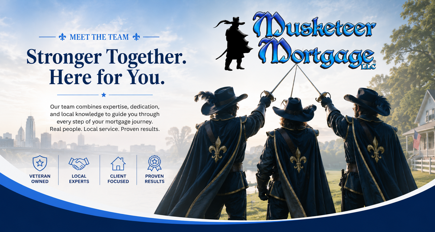 Meet the Musketeer Mortgage team hero image featuring three musketeers standing together with crossed swords, symbolizing teamwork, trust, and personalized mortgage guidance throughout Kentucky.