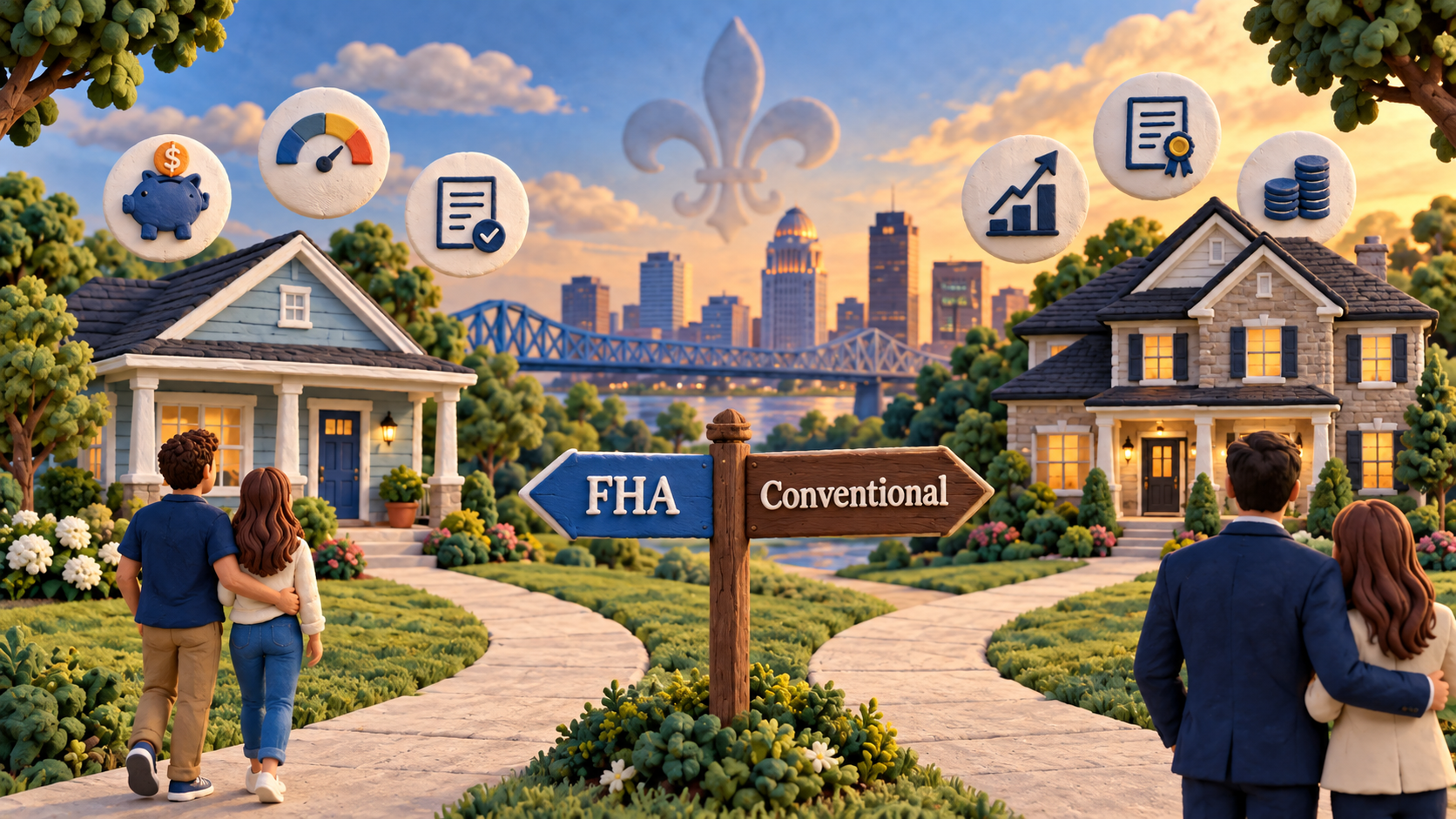 Claymation-style scene showing two homebuyers choosing between FHA and conventional mortgage paths in a Louisville neighborhood setting.