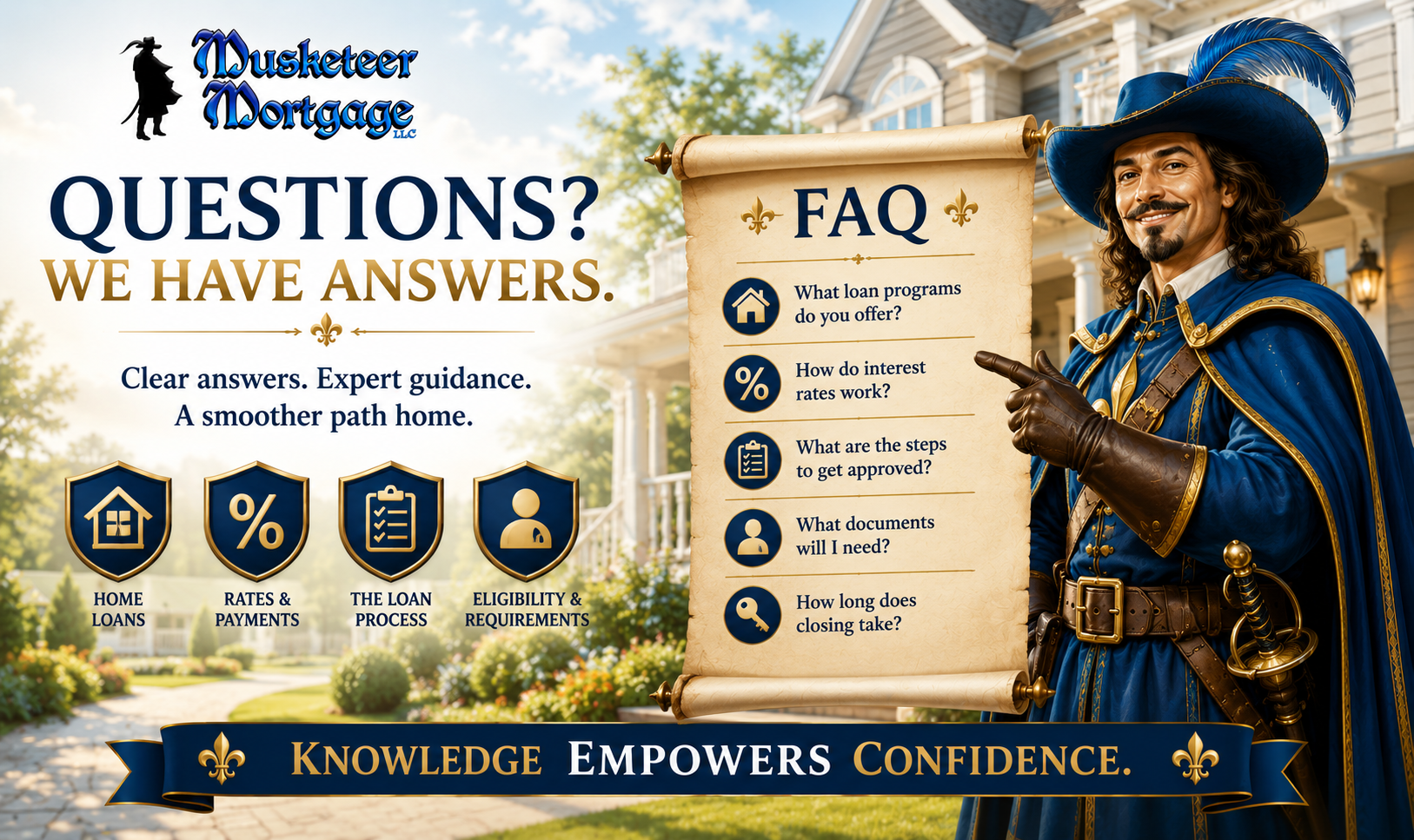 Musketeer Mortgage FAQ hero banner featuring a blue-and-gold musketeer presenting common mortgage questions about home loans, interest rates, loan approval, eligibility requirements, and the mortgage process.