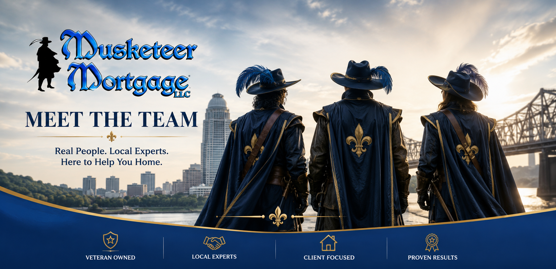 Musketeer Mortgage loan officers hero image featuring three musketeers standing together, symbolizing teamwork, trust, and personalized mortgage guidance throughout Kentucky.