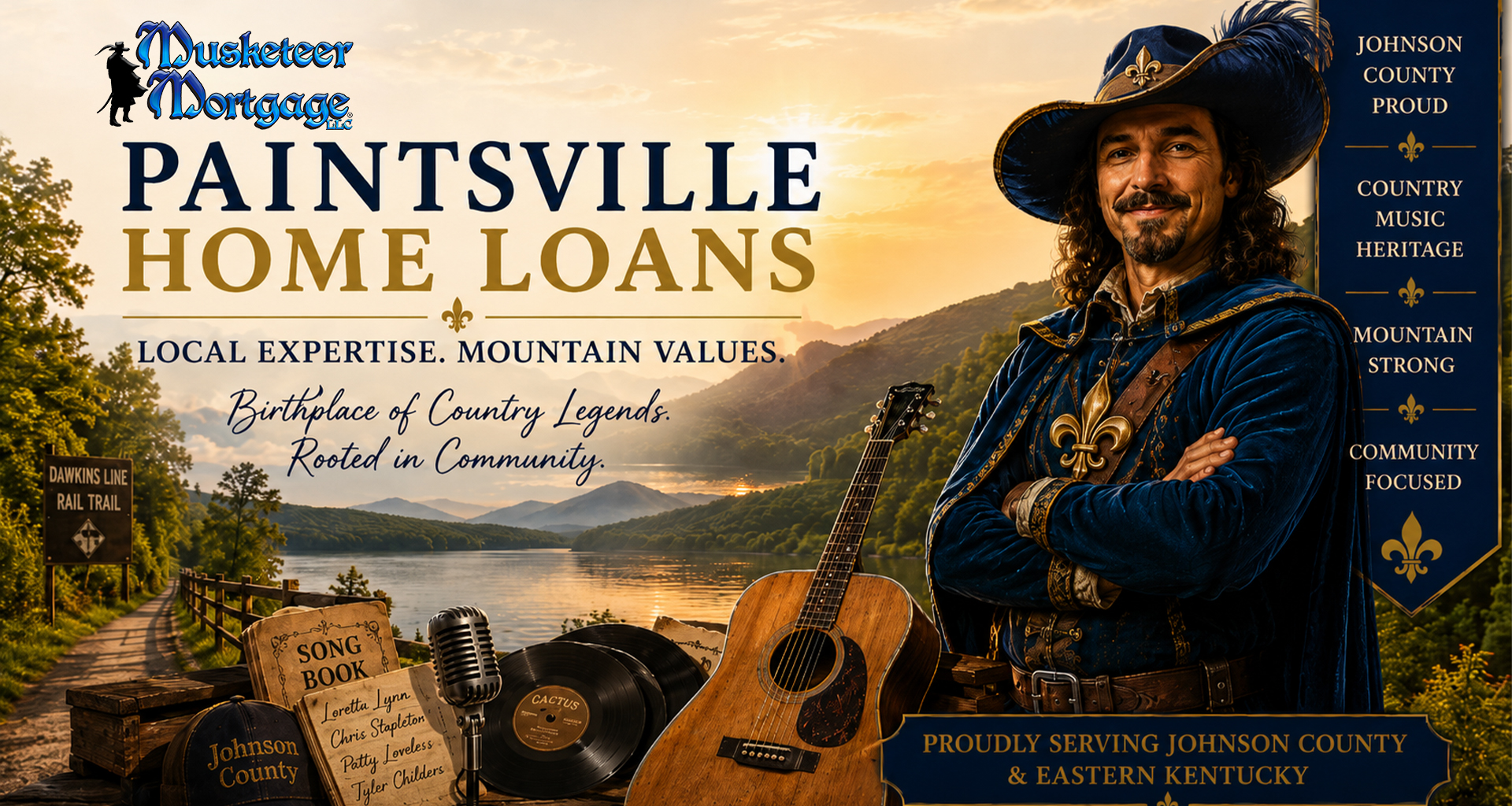 Paintsville Home Loans by Musketeer Mortgage featuring Appalachian mountain scenery, country music heritage, and Johnson County home financing in Eastern Kentucky.