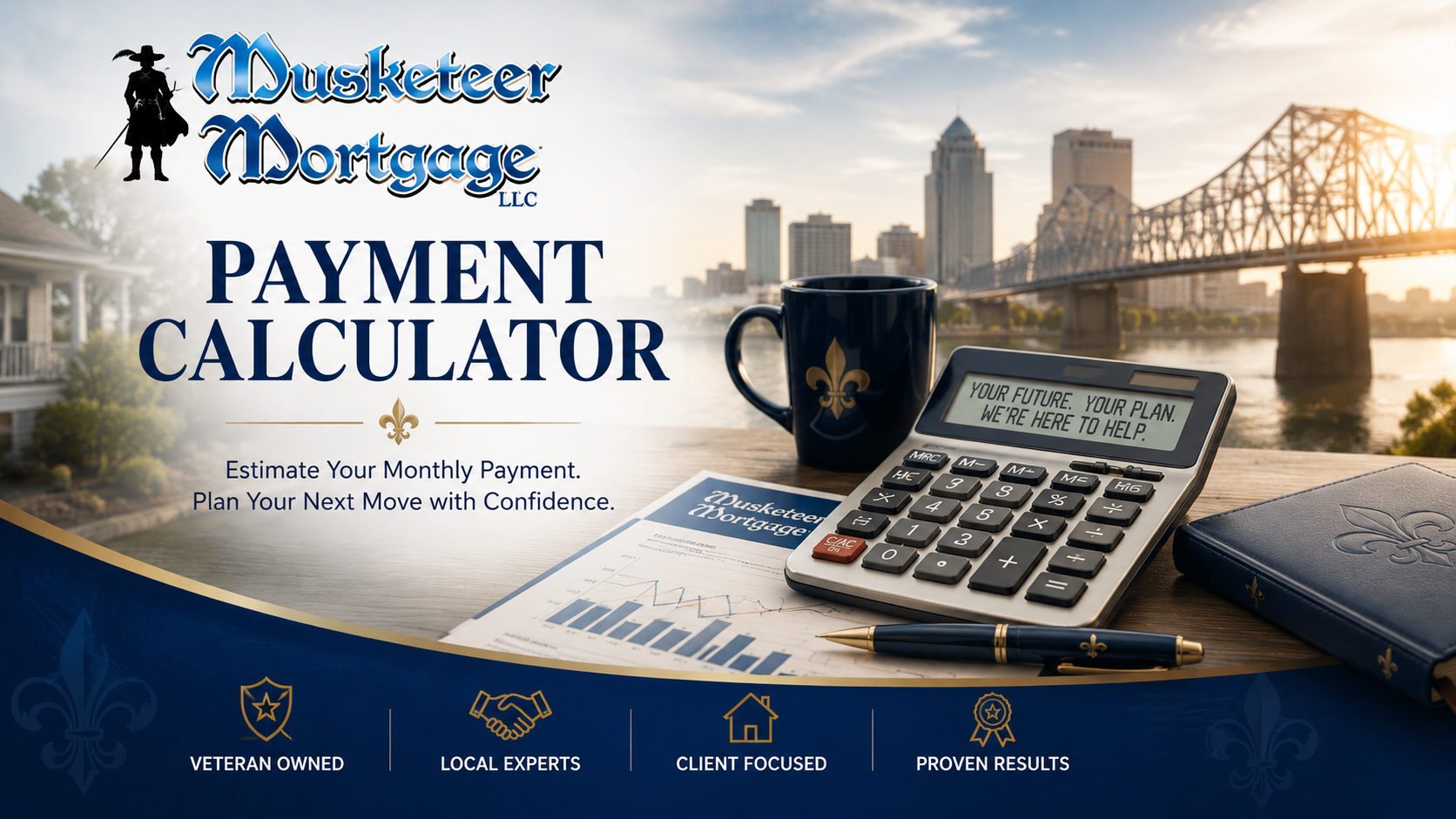 Musketeer Mortgage payment calculator hero image featuring a calculator, financial planning documents, Louisville skyline, and mortgage payment estimation tools for Kentucky homebuyers.