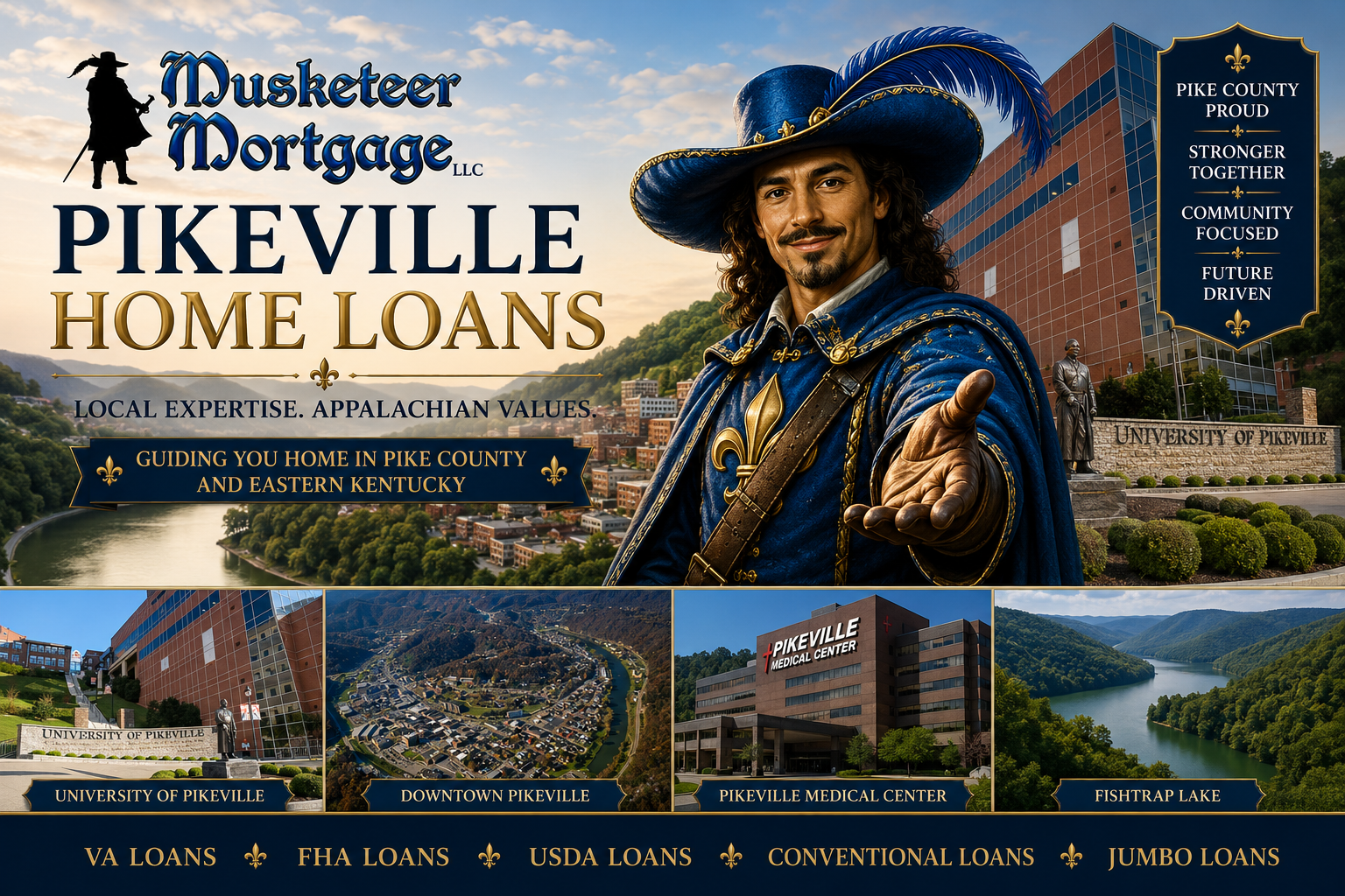 Pikeville Home Loans hero image featuring downtown Pikeville, Pikeville Medical Center, University of Pikeville, Fishtrap Lake, and local mortgage financing solutions in Pike County, Kentucky.