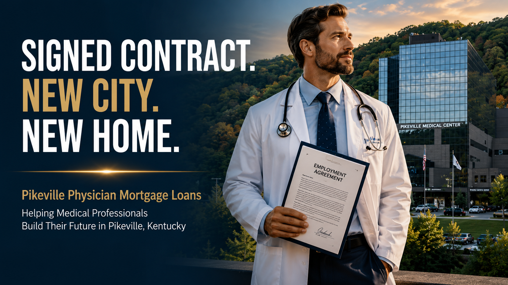 Physician holding an employment contract in front of Pikeville Medical Center promoting physician mortgage loans in Pikeville, Kentucky.