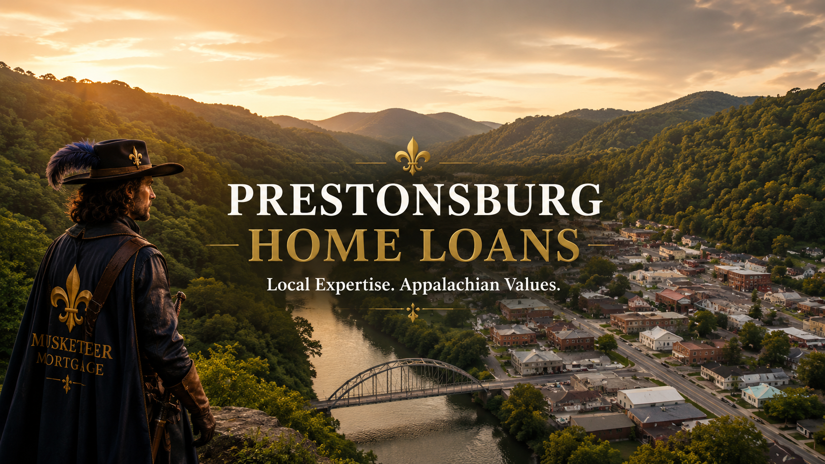 Prestonsburg Kentucky home loans with Mortgage Musketeer overlooking the Levisa Fork River and Appalachian mountains at sunset