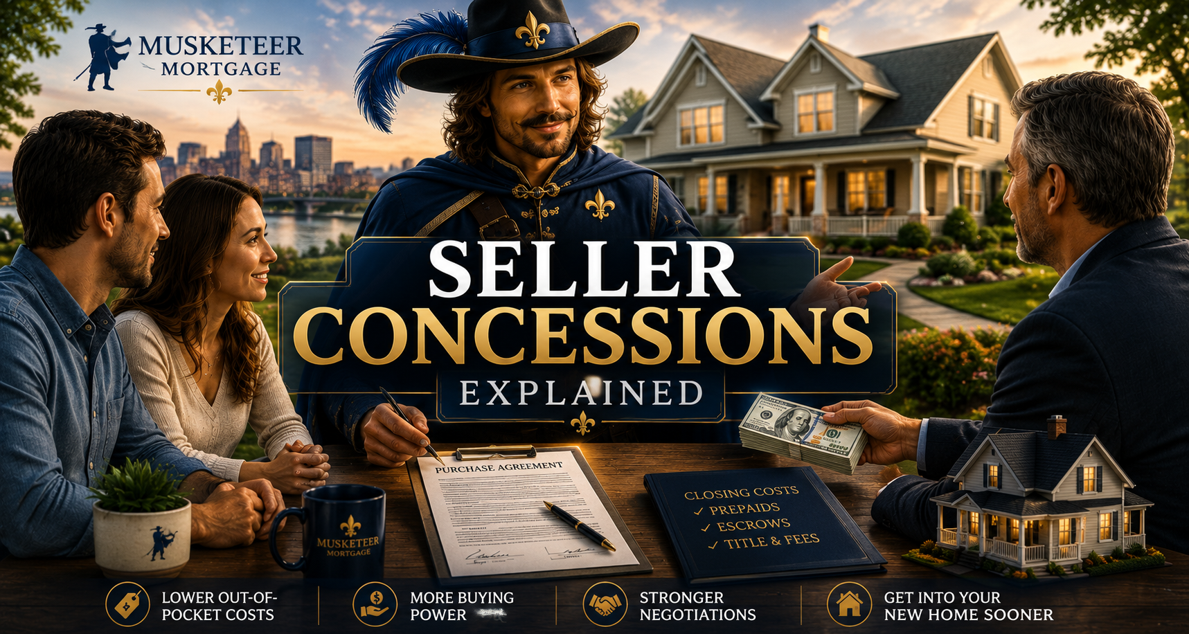 Seller concessions explained during a home purchase negotiation with buyers, seller, and Musketeer Mortgage guidance on closing costs and prepaids.