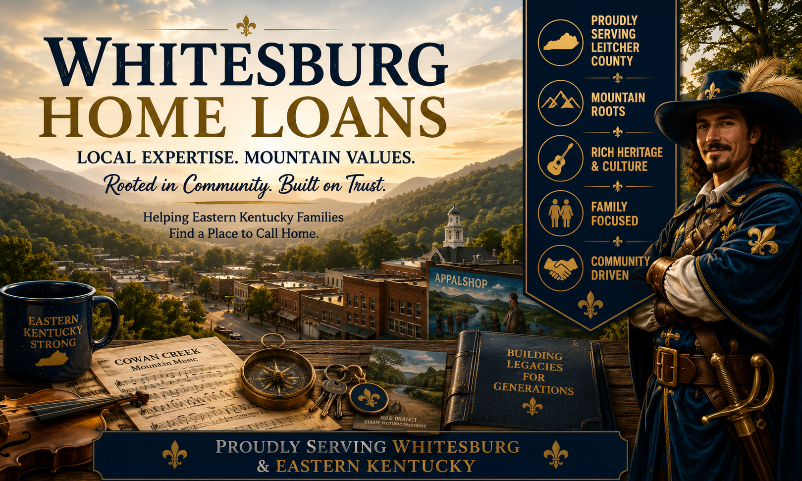 Whitesburg Home Loans by Musketeer Mortgage featuring Appalachian mountain scenery, local heritage, family-focused values, and mortgage services for homebuyers throughout Whitesburg and Letcher County, Kentucky.