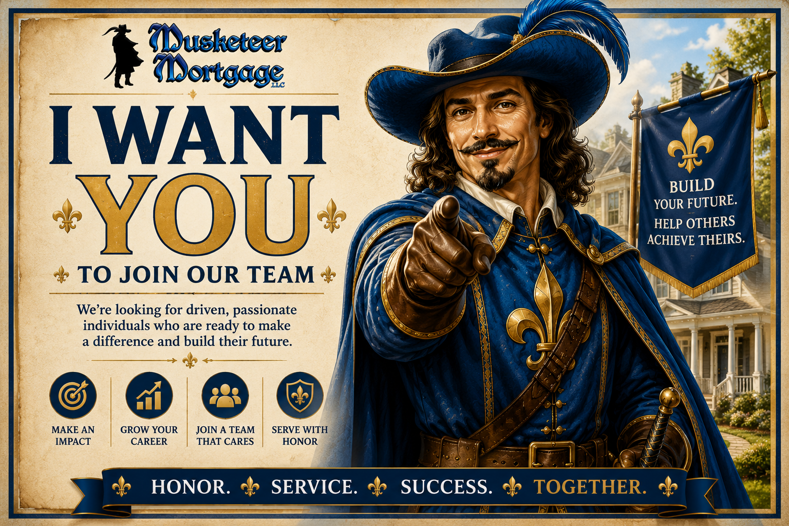 Musketeer Mortgage careers banner featuring a blue-and-gold musketeer pointing at the viewer with a recruiting message inviting mortgage professionals to join the team.