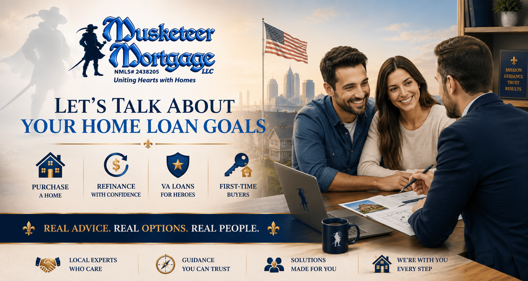 Contact Musketeer Mortgage for home loan guidance, VA loans, refinancing, and mortgage consultations.