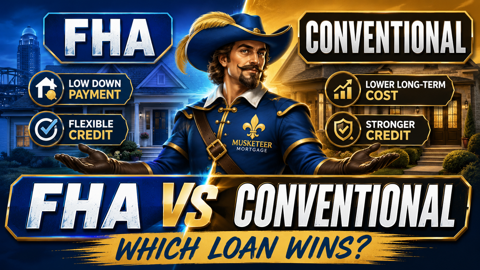 FHA vs Conventional loan comparison thumbnail showing low down payment and flexible credit FHA options compared with conventional mortgage loan benefits.