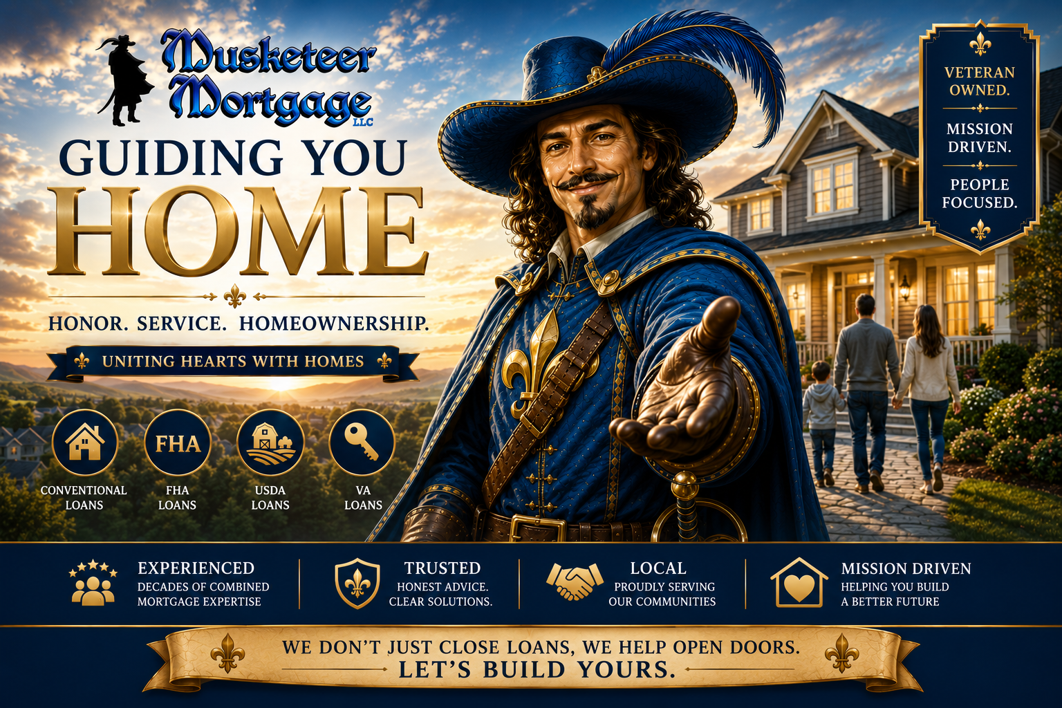 Musketeer Mortgage homepage hero image featuring a blue and gold musketeer guiding a family toward homeownership with the tagline Uniting Hearts With Homes.