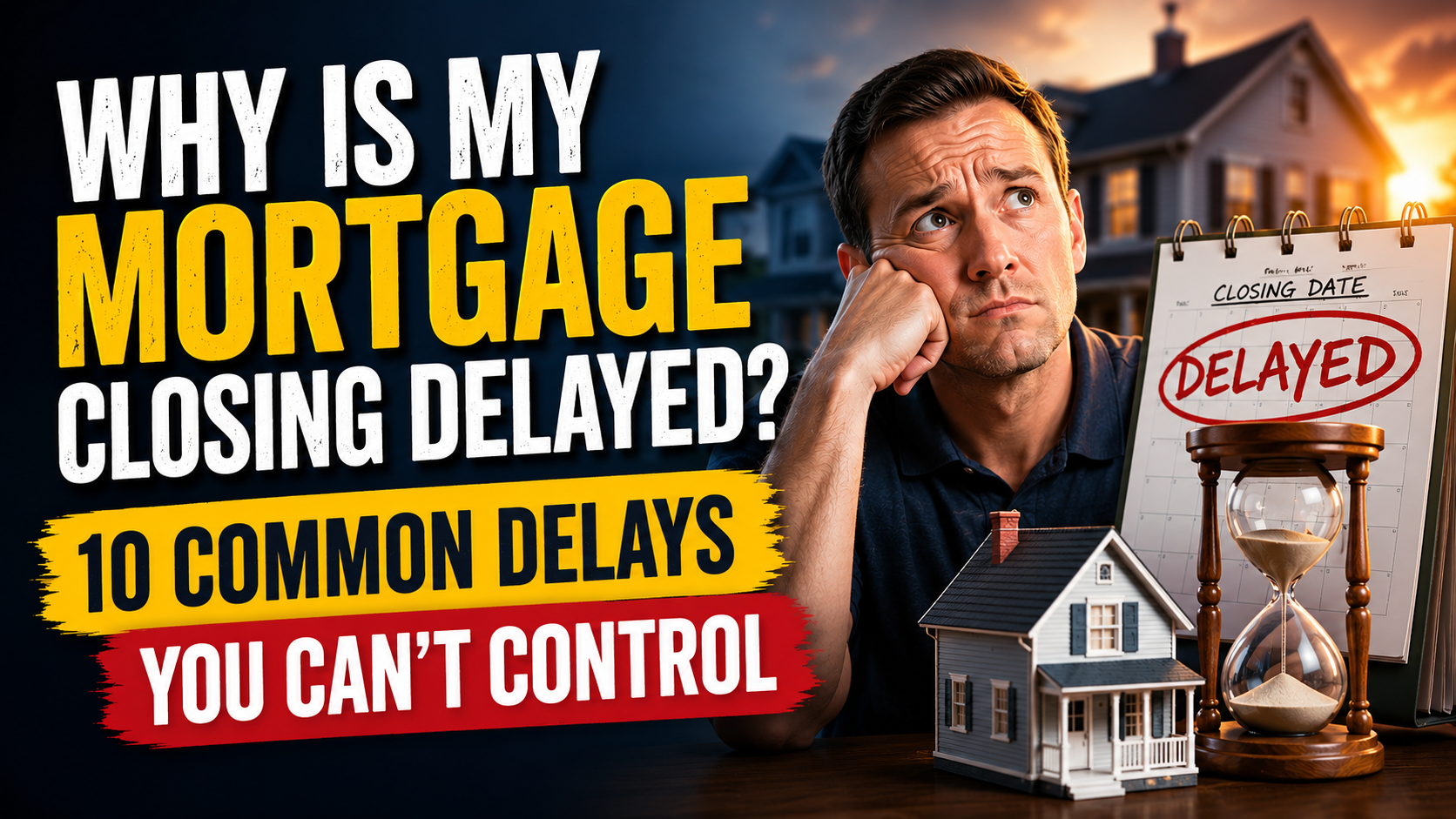 Worried homebuyer wondering why a mortgage closing is delayed while looking at a delayed closing date calendar and hourglass.