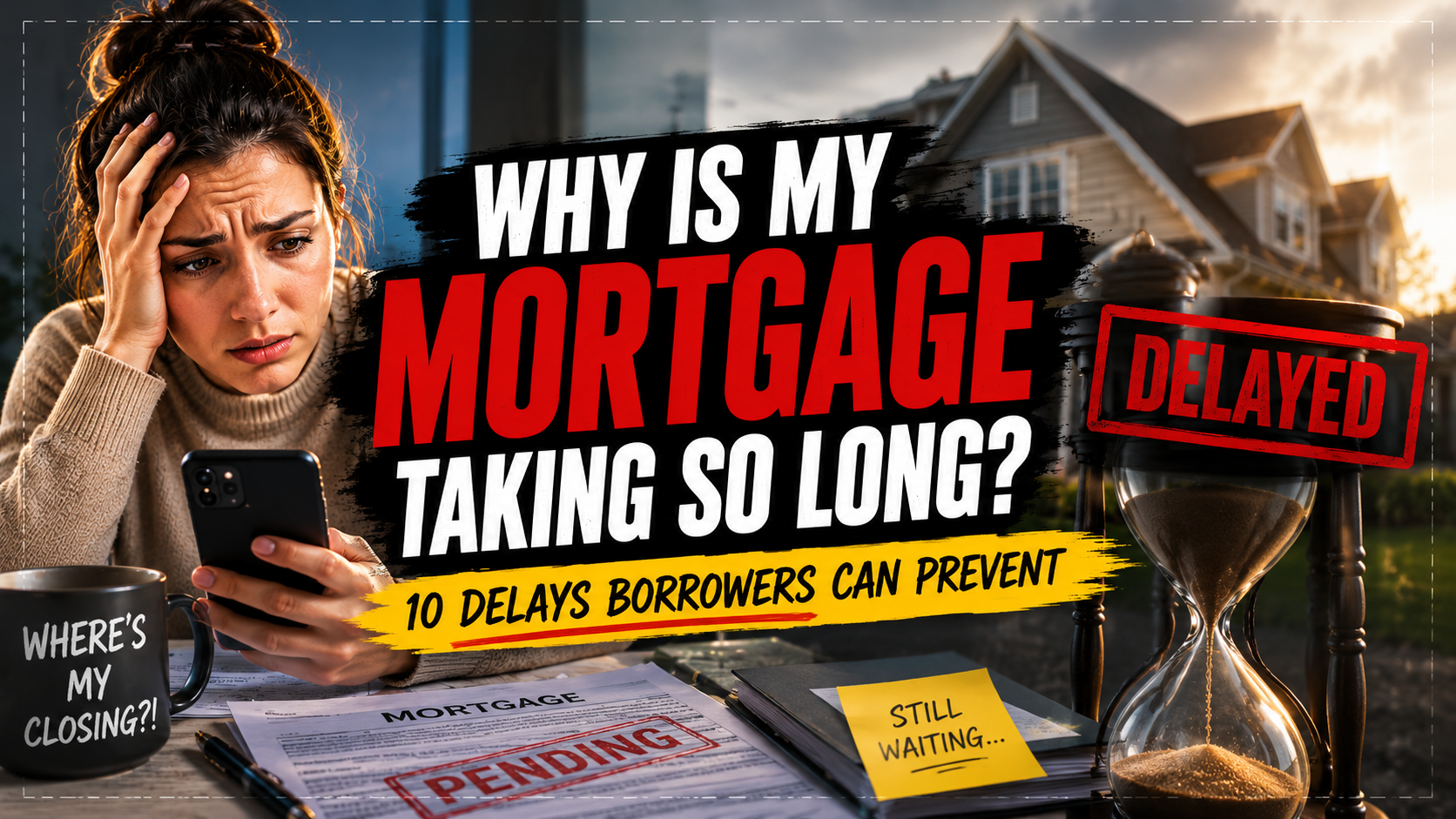 Concerned homebuyer looking at a phone while waiting for a delayed mortgage closing, representing common borrower mistakes that can slow the loan process.