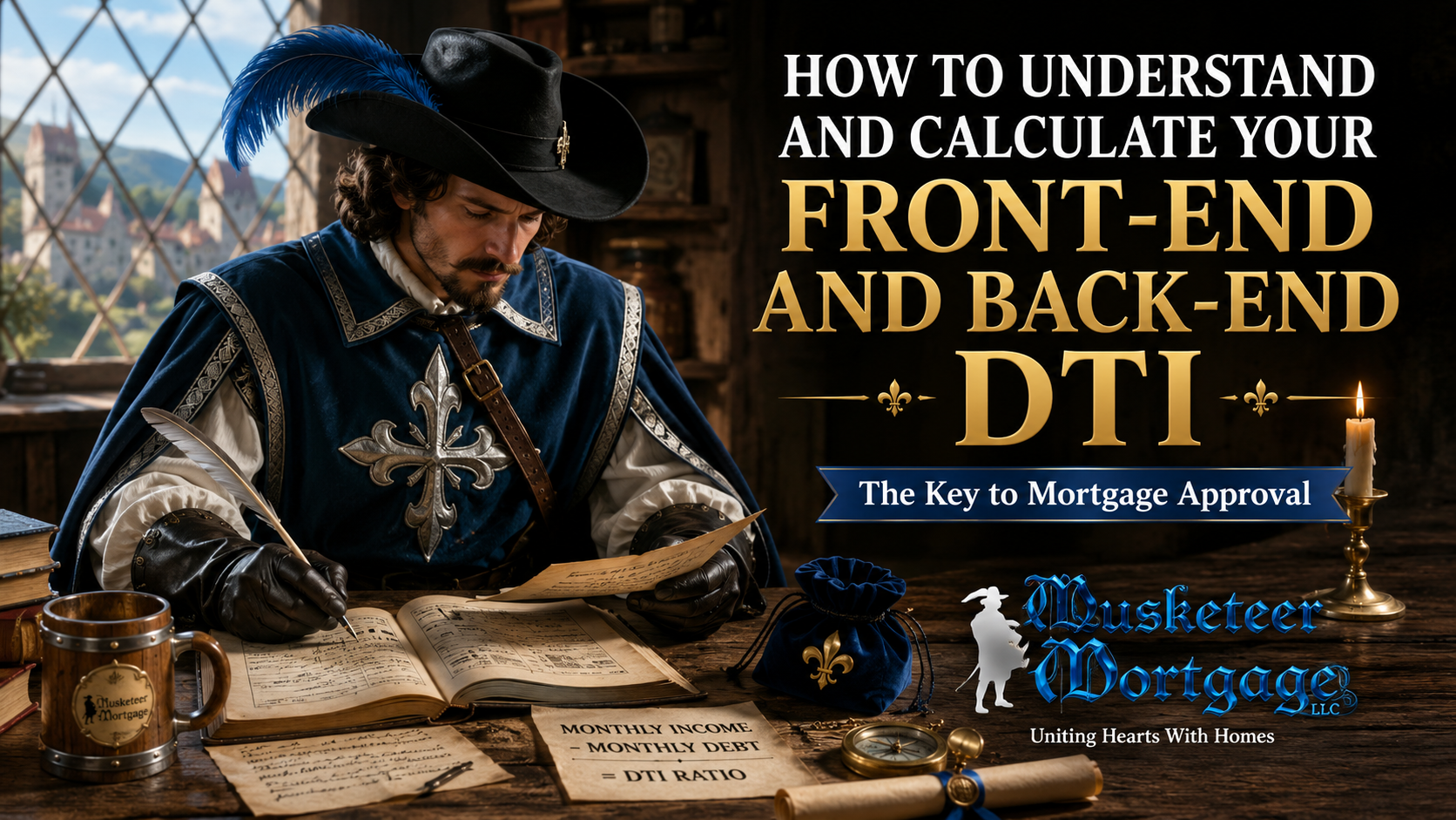 Musketeer studying mortgage documents while explaining front-end and back-end debt-to-income ratio calculations for home loan qualification.
