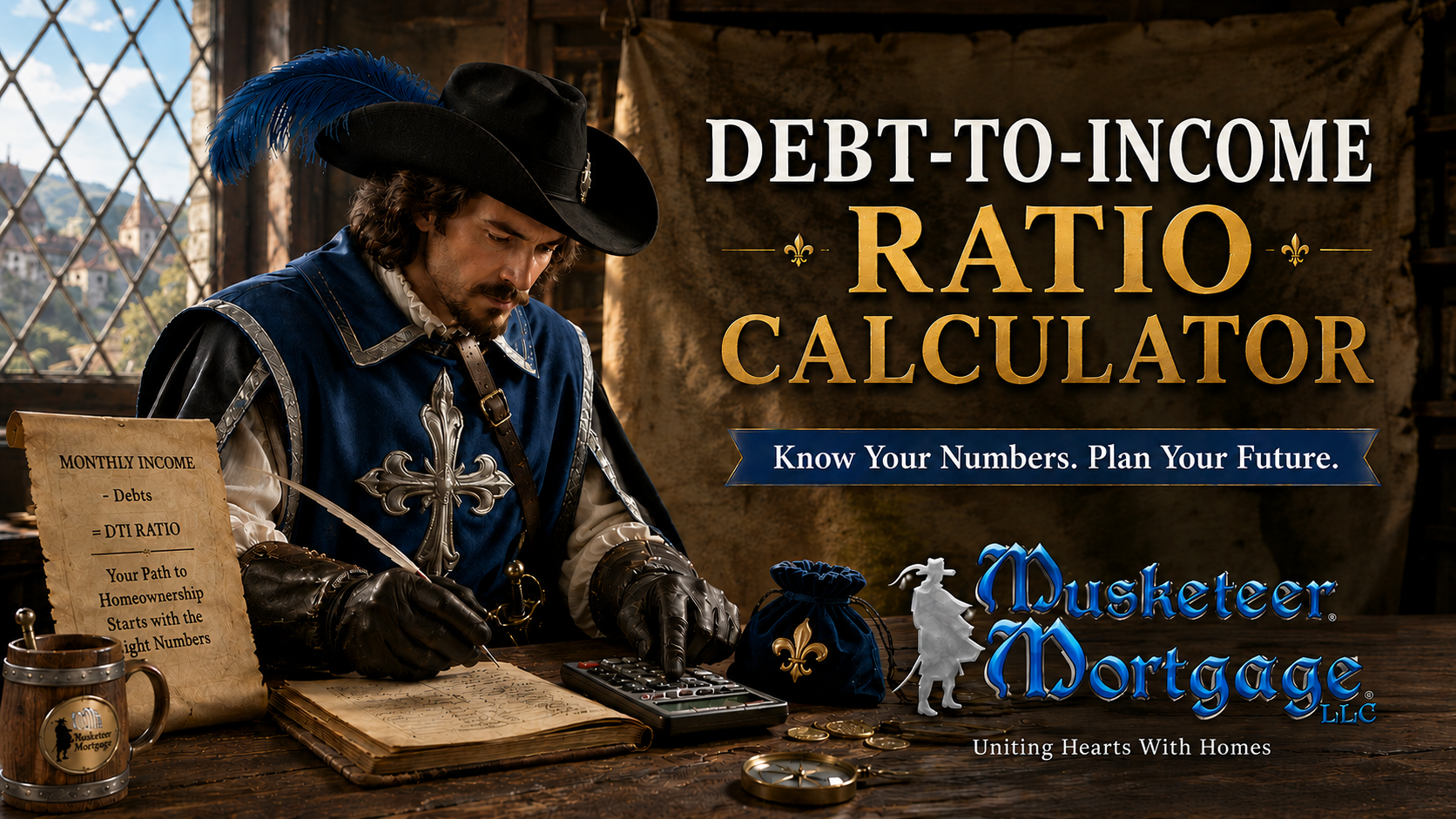 Musketeer Mortgage debt-to-income ratio calculator hero image featuring a musketeer calculating mortgage affordability with a calculator and financial ledger.
