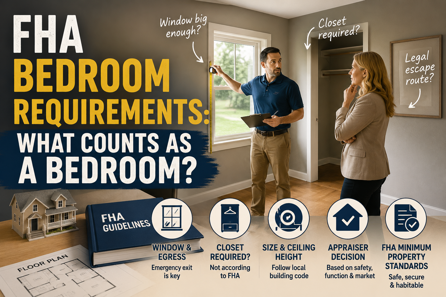 An FHA appraiser measures a bedroom window while discussing bedroom requirements with a real estate agent, illustrating how windows, closets, and safety standards affect whether a room can be considered a bedroom for an FHA loan.