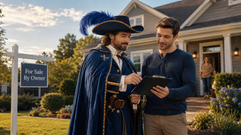 Musketeer reviewing purchase documents with a buyer outside a For Sale By Owner home.