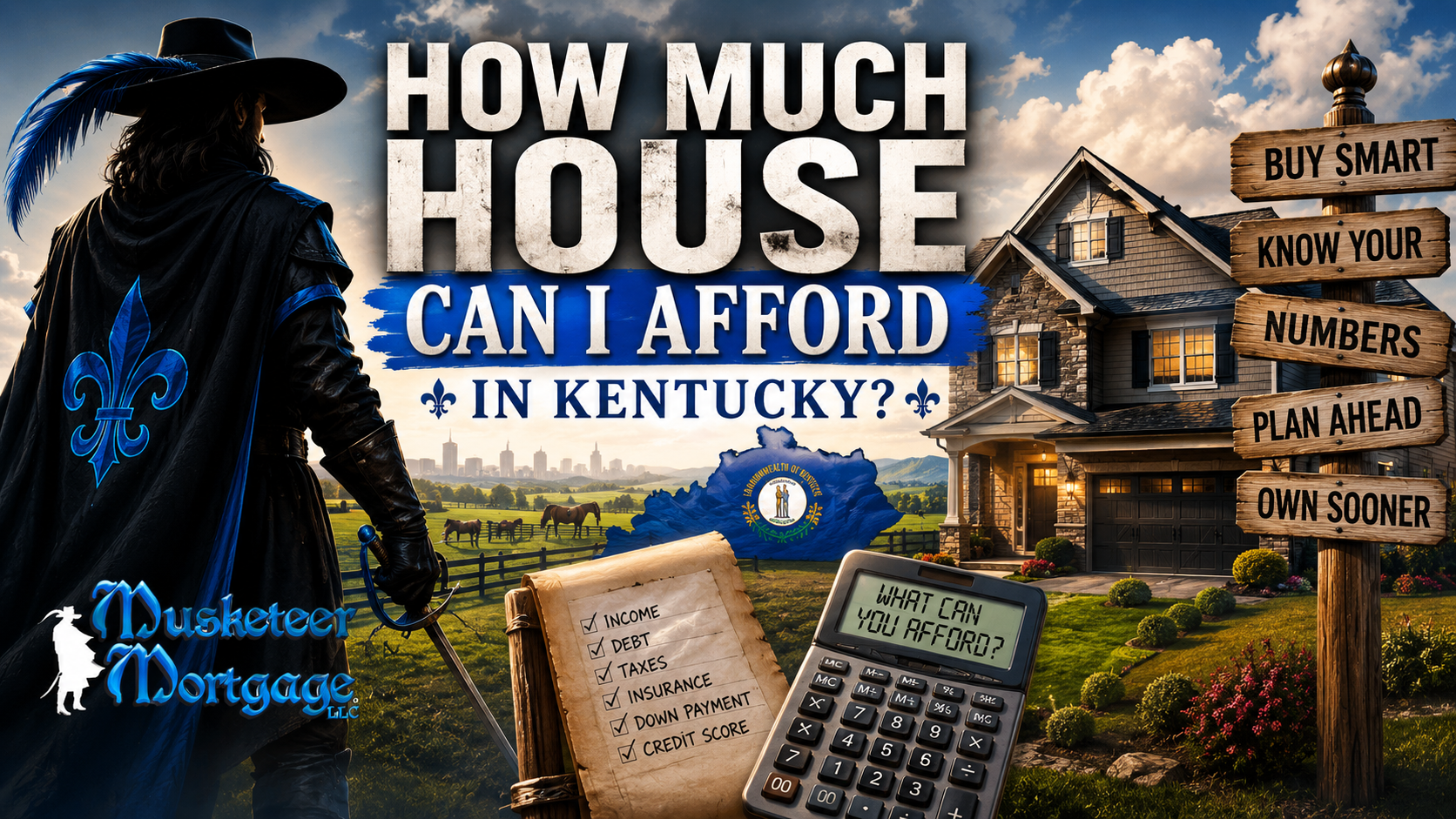 Musketeer standing beside a Kentucky home with a mortgage calculator, illustrating how to determine home affordability in Kentucky.