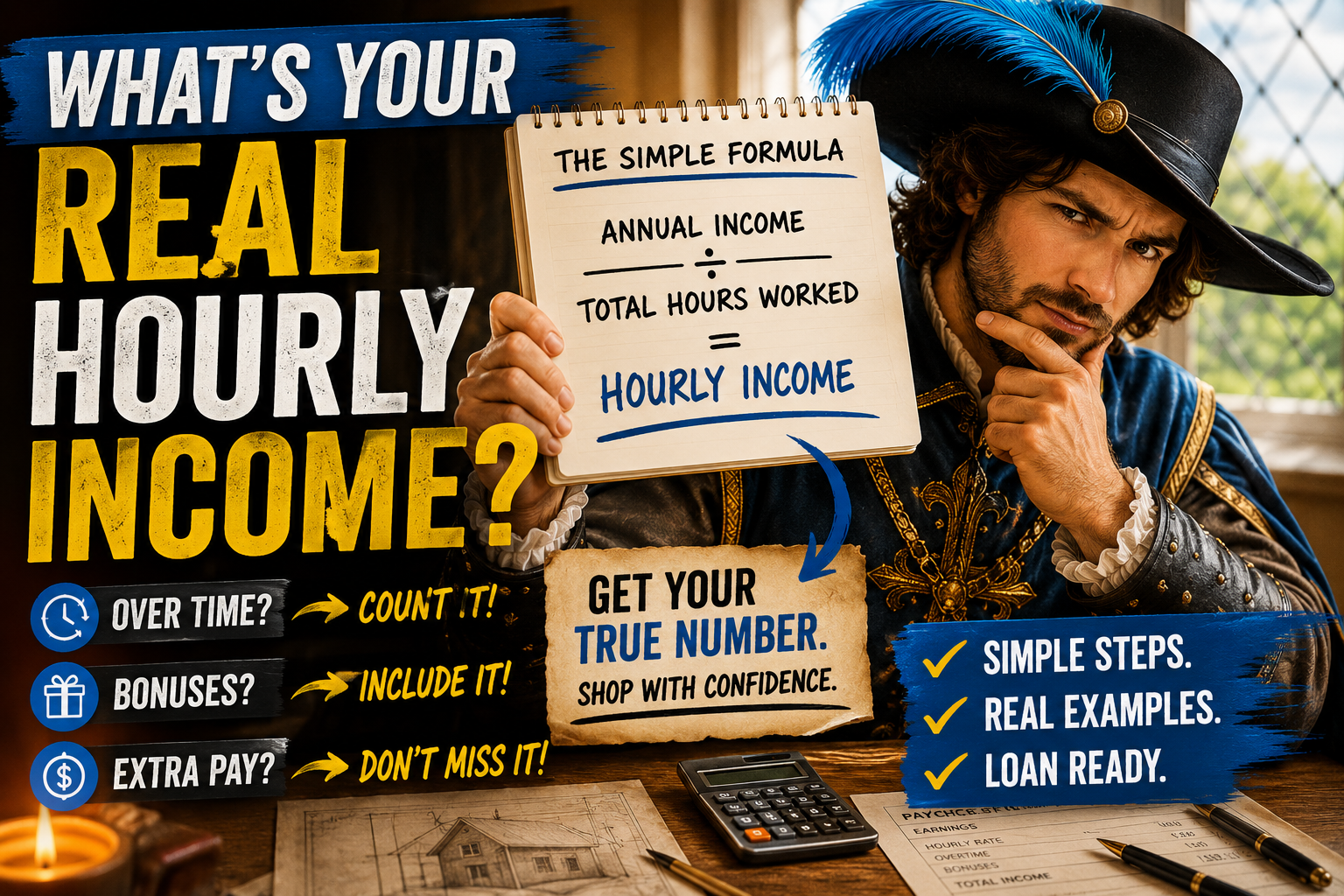 Musketeer demonstrating how to calculate hourly income using annual salary and total hours worked for mortgage qualification.