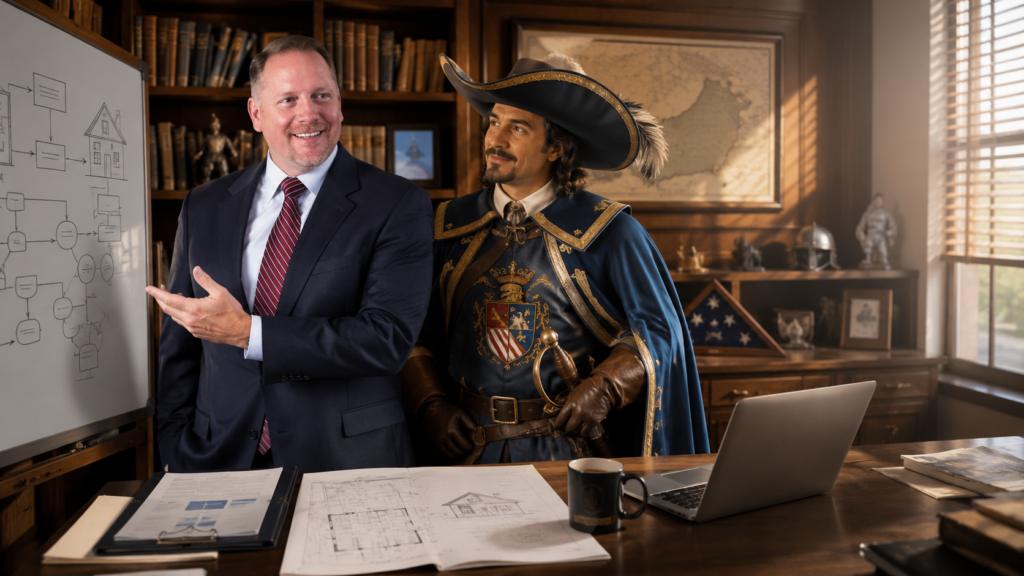 Shawn Neely explaining a mortgage process beside a Musketeer in a warm, professional study.